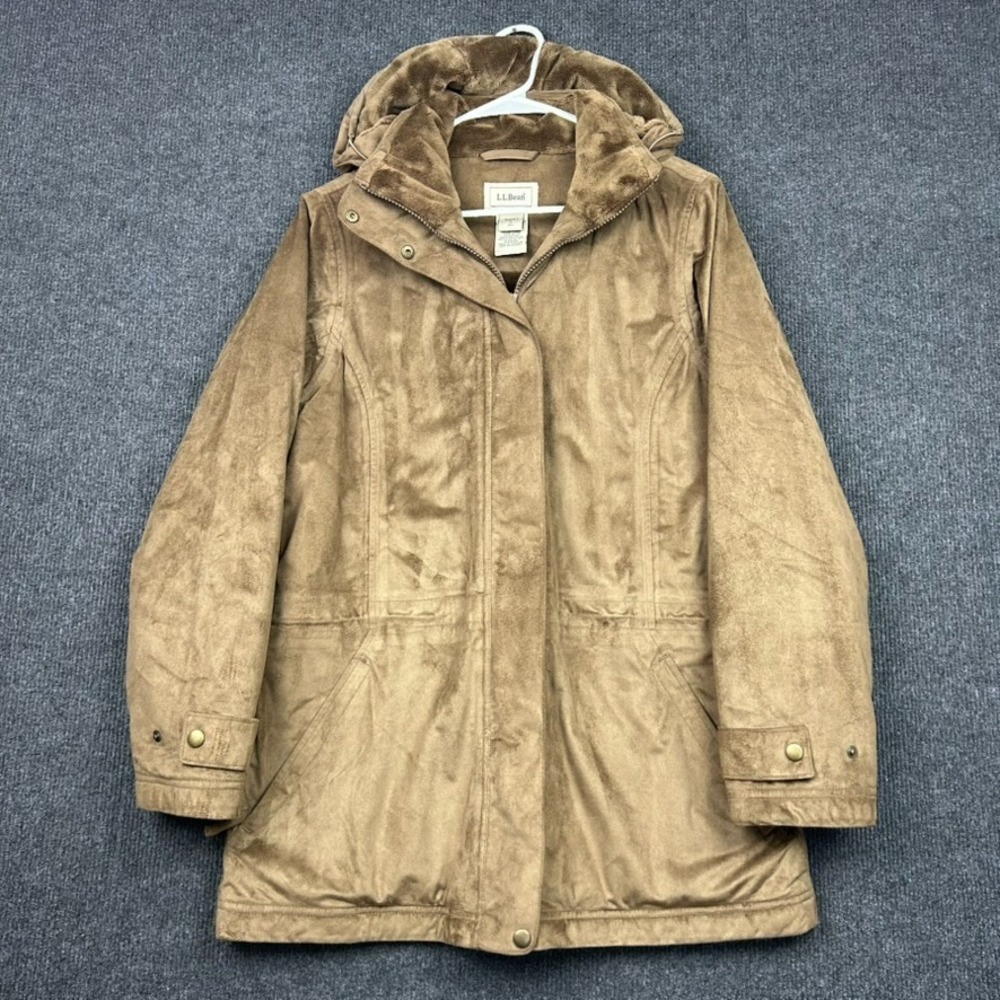LL Bean Women's Small Faux Suede Hooded Jacket Brown Plush Full Zip Snaps - Picture 1 of 16